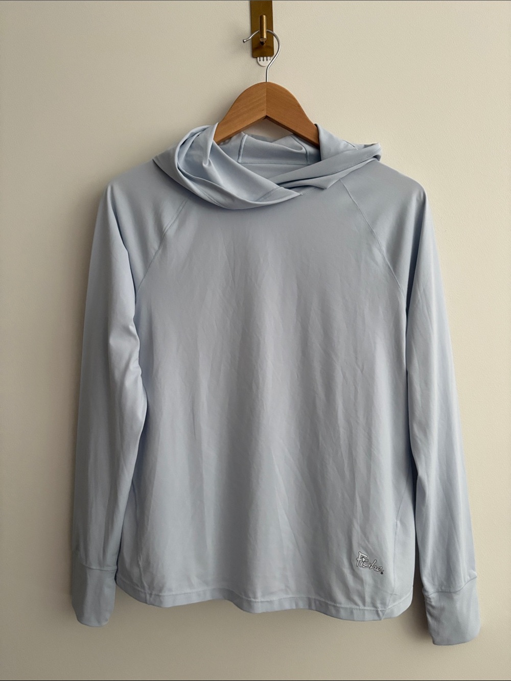 Fishe Soltice Hooded Sun Shirt in Whisper Blue Thumbholes Fishing Outdoor Size S